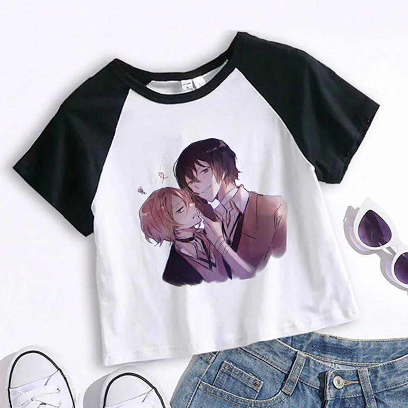 Crop Top Cartoon T Shirt Anime Bungou Stray Dogs Chuuya Nakahara Osamu Dazai Women Tops Tee Summer Clothes Camiseta Streetwear