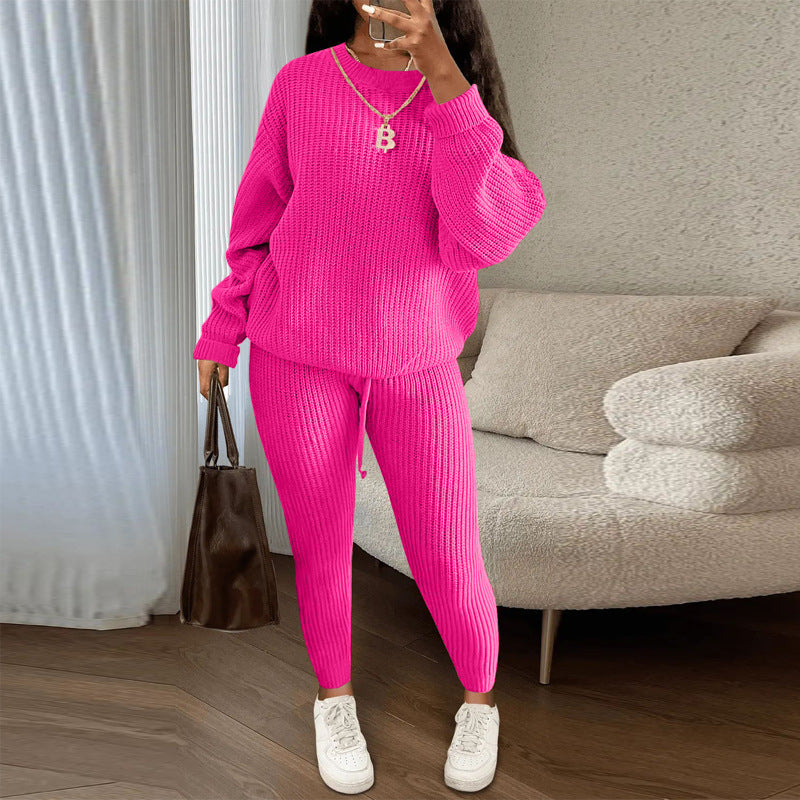 Winter Ribbed Knit Suits Fashion Loose Pullover Sweater Top And Drawstring Pants For Women Trouser Set Clothing by My Store