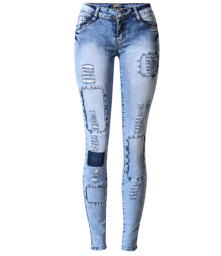 Popular Slim Pencil Pants Stretch Denim Ripped Pencil Pants Are Thin And Multi-Hole Patch Trend Models