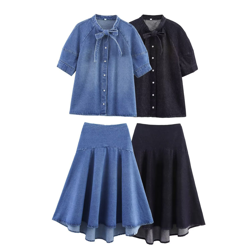 Bow tie denim shirt+skirt set