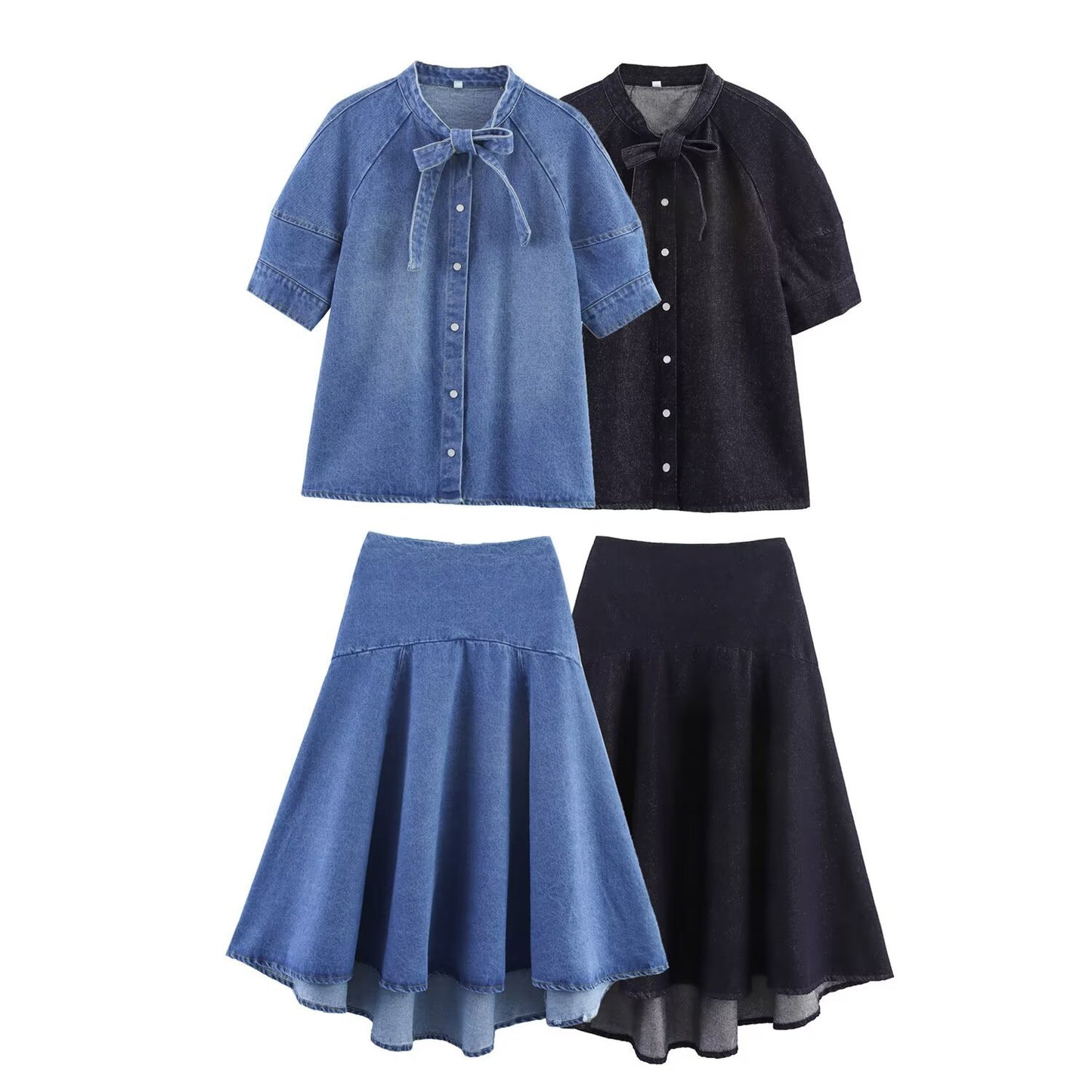Bow tie denim shirt+skirt set by eprolo