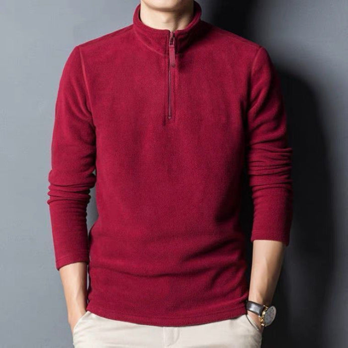 Men's Long-sleeve Mock-neck Fleece Hoodie With Zipperversatile For Winter by DERILUJA LLC