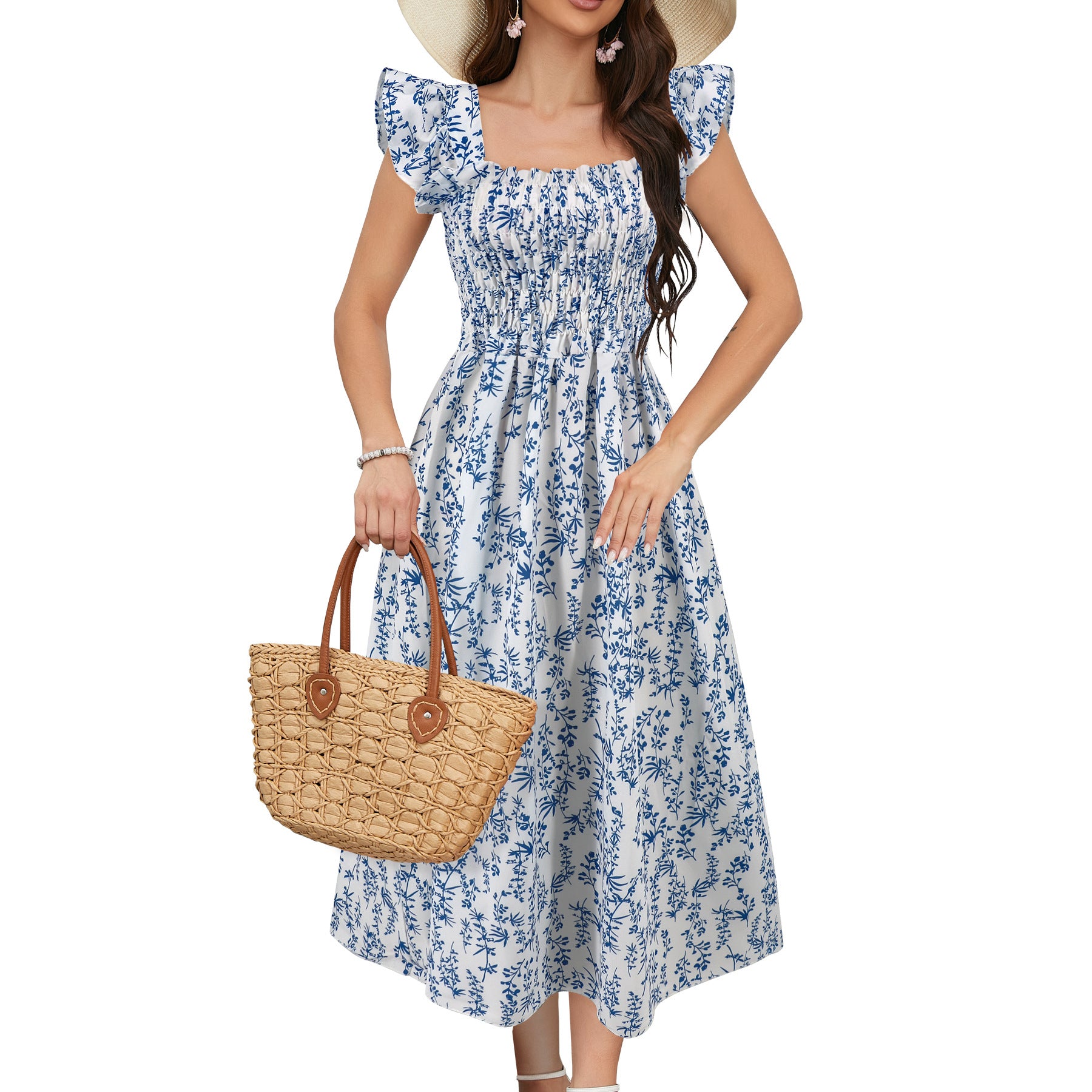 Printed Dress Square Collar A-line Long Dress by eprolo