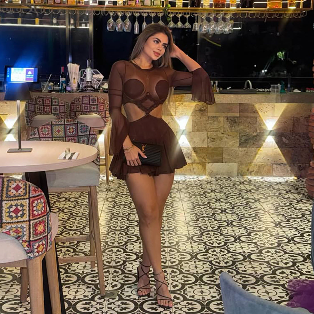 Creative Sexy Mesh Spliced Sheer Long Sleeve Dress