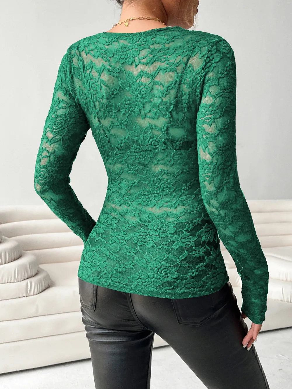 V-neck fan-shaped collar solid color long sleeved slim fit top with lace top by eprolo