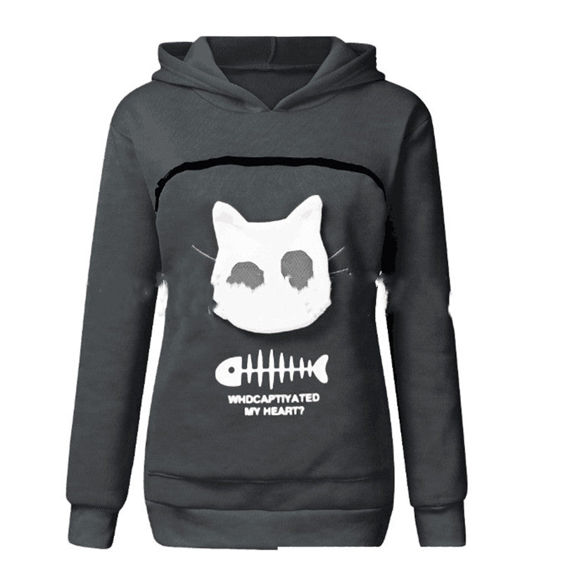 Women Hoodie Sweatshirt With Cat Pet Pocket Design Long Sleeve Sweater Cat Outfit by DERILUJA LLC