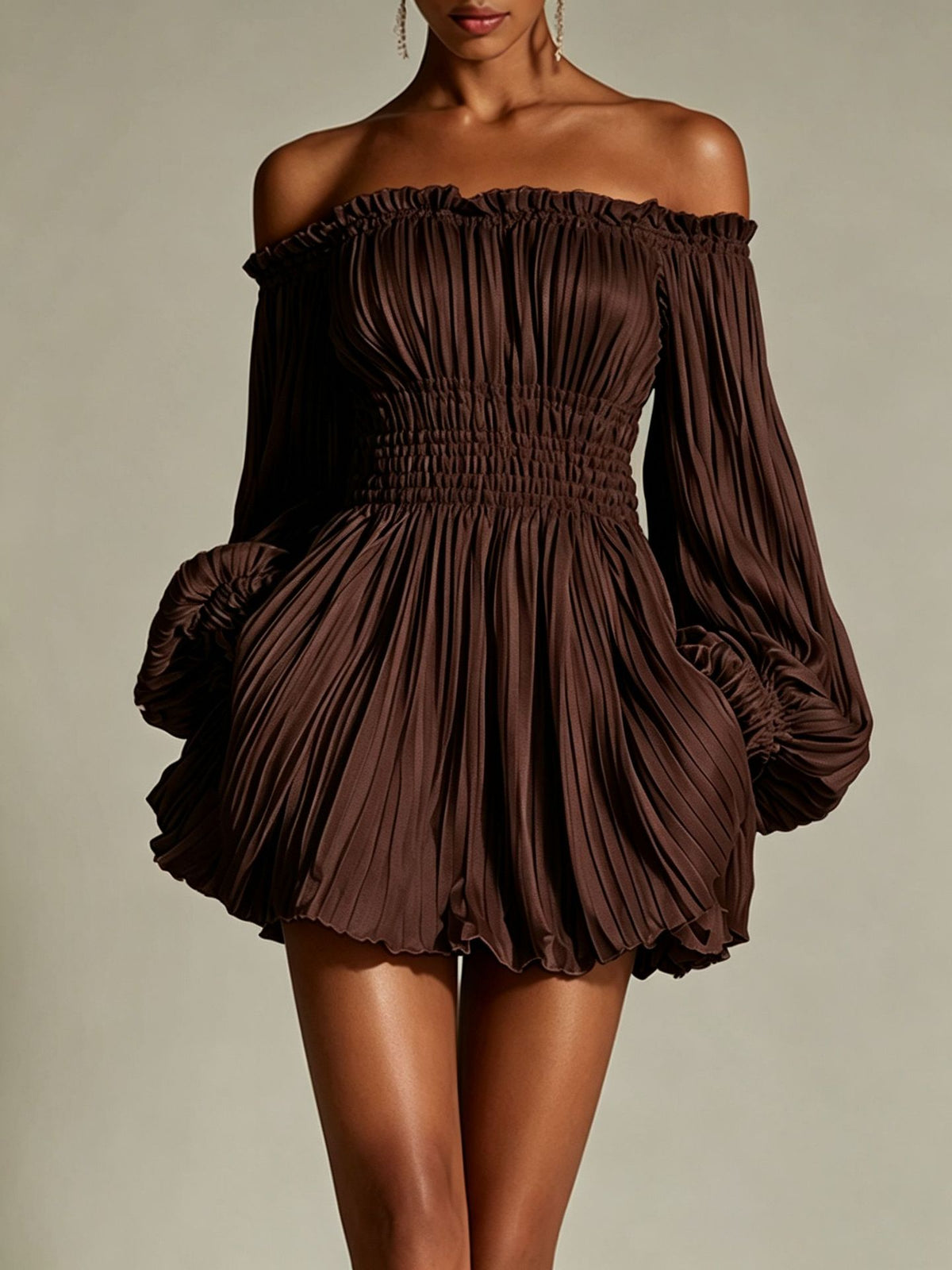 Elegant One-Shoulder Pleated Fitted Long Sleeve Dress for Women by eprolo
