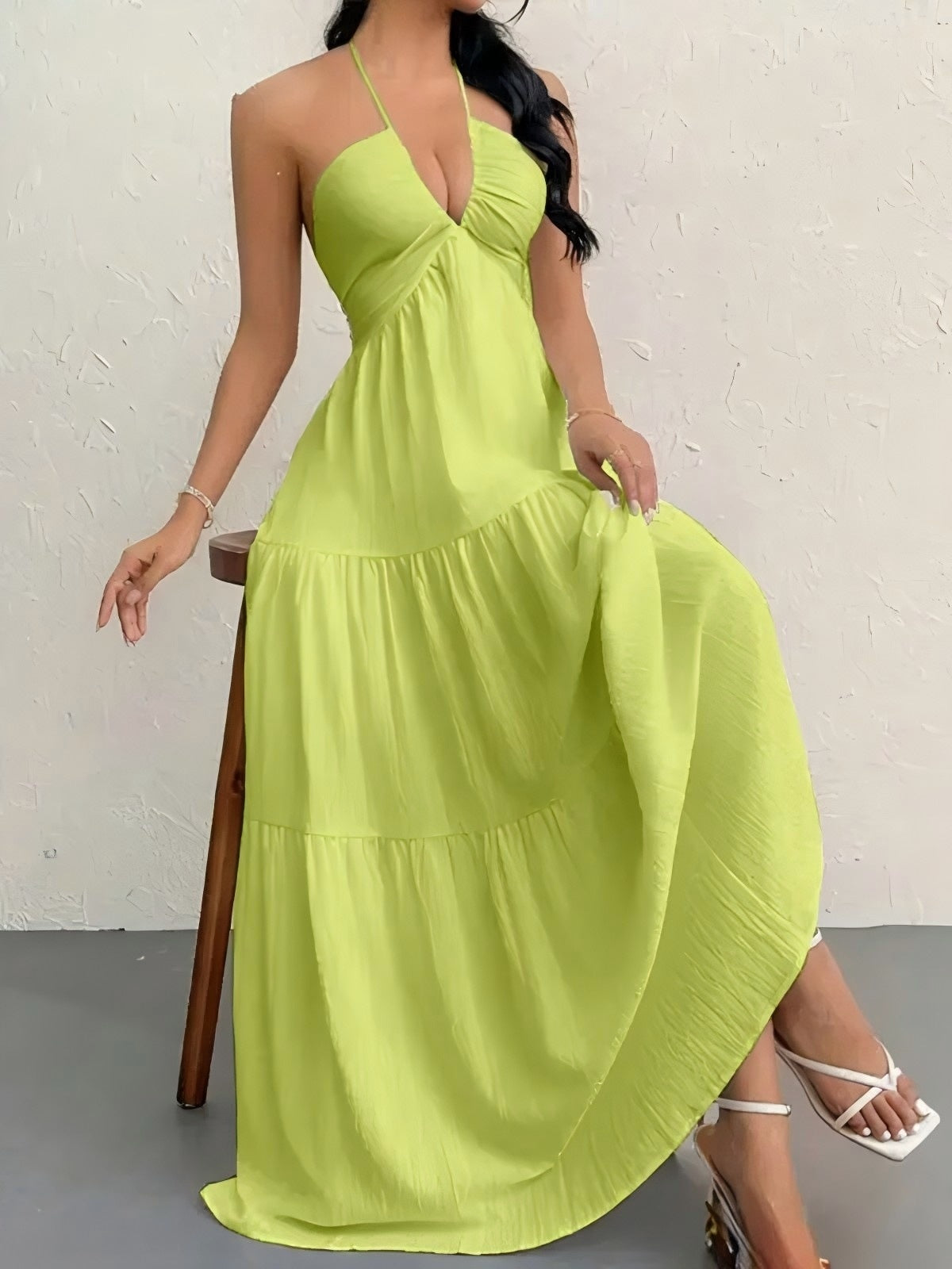 Backless Halterneck V-Neck Pleated A- Line Dress Women's Clothing One-Piece Dress Ankle-length Skirt For Beach Vacation Outfits by DERILUJA LLC