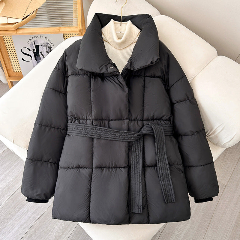 Winter Thick Stand Collar Parkas Women Fashion Tie Waist Short Coats Elegant New Solid Puffer Jackets Female Ladies Streetwear by eprolo