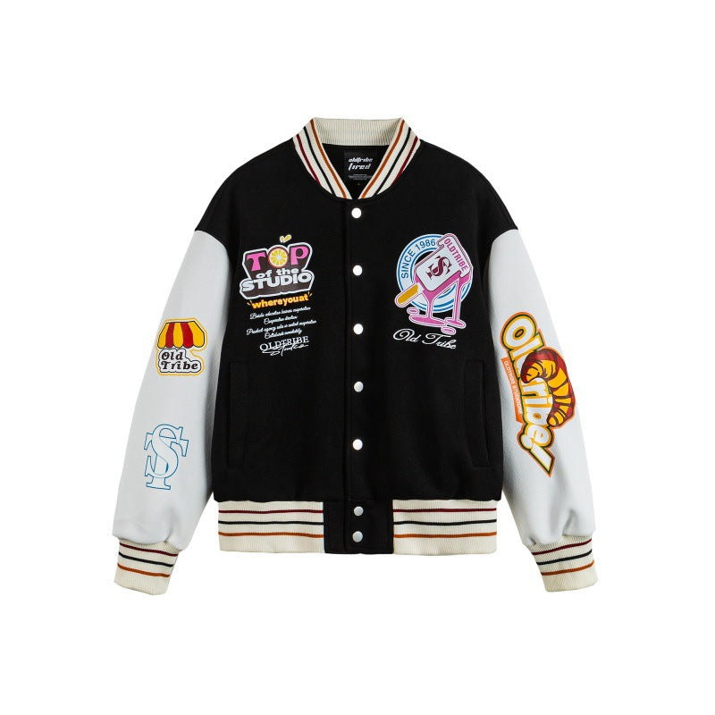 Fun Print Color-Block Loose Couple's Dopamine Baseball Jacket by eprolo