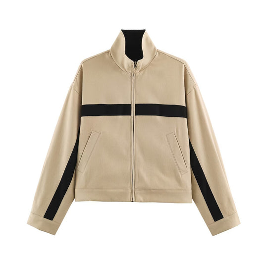 Letter embroidery contrasting color casual sports stand up collar long sleeved jacket by eprolo