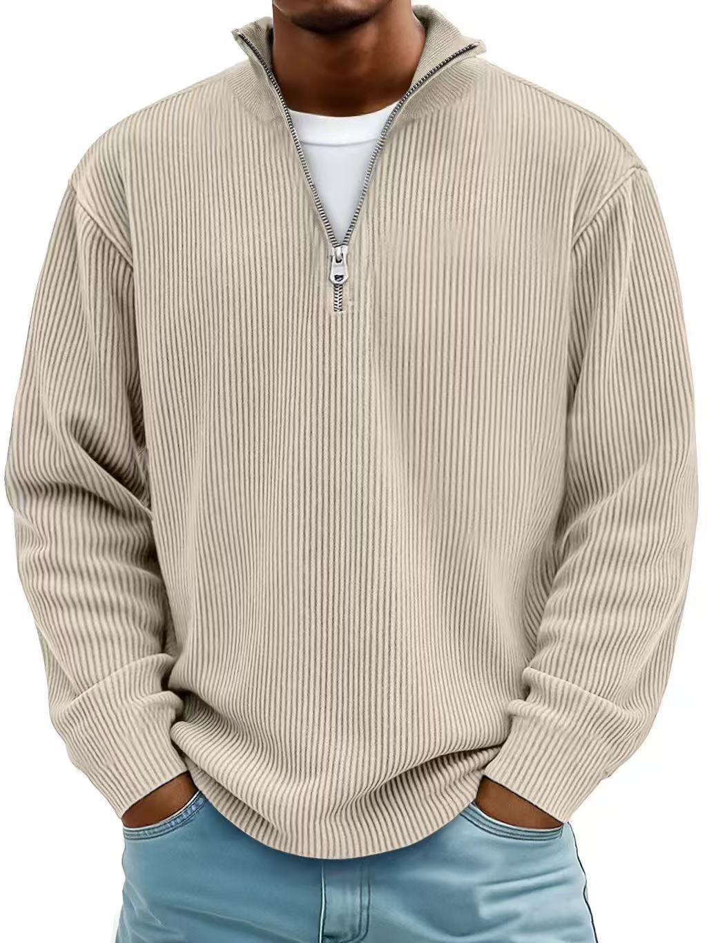Corduroy Zipper Stand Collar Sweatshirt Fashion Warm Solid Color Long Sleeve Top Men's Casual Polo Shirt Clothing by My Store