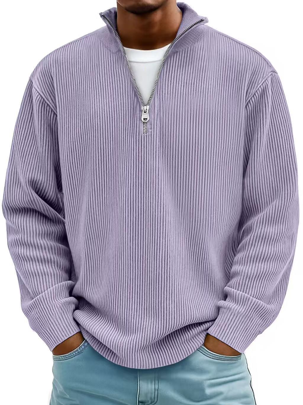 Corduroy Zipper Stand Collar Sweatshirt Fashion Warm Solid Color Long Sleeve Top Men's Casual Polo Shirt Clothing by My Store