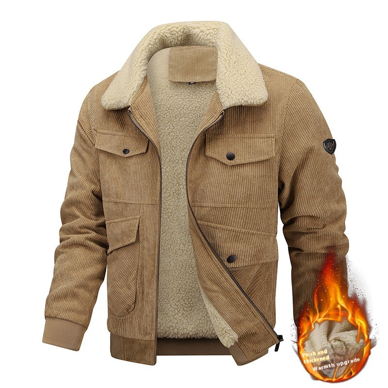 Winter Lapel Fleece Jacket With Pockets Warm Thicken Cotton Coat Men's Clothing by DERILUJA LLC