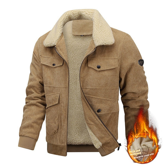 Winter Lapel Fleece Jacket With Pockets Warm Thicken Cotton Coat Men's Clothing by DERILUJA LLC