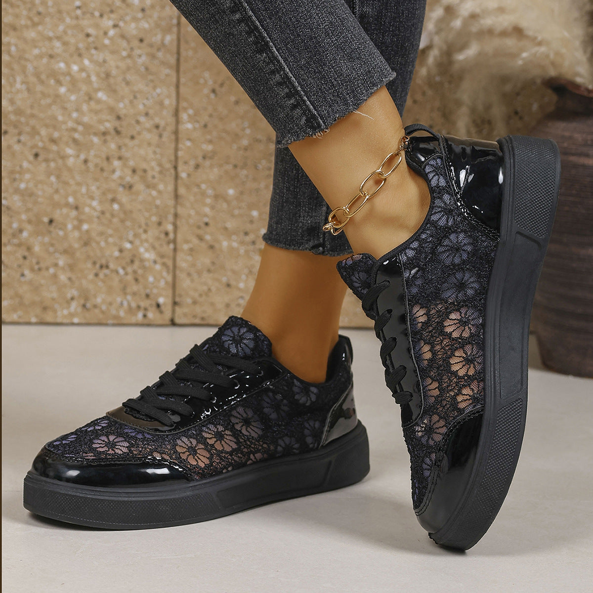 Plus-size Hollowed-out Breathable Thick-soled Casual Lace-up Pumps by DERILUJA LLC
