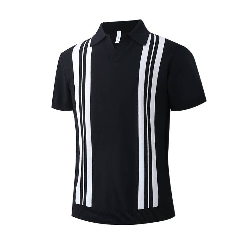Icy-cool Striped Knitted Short-sleeve Mens Top by DERILUJA LLC