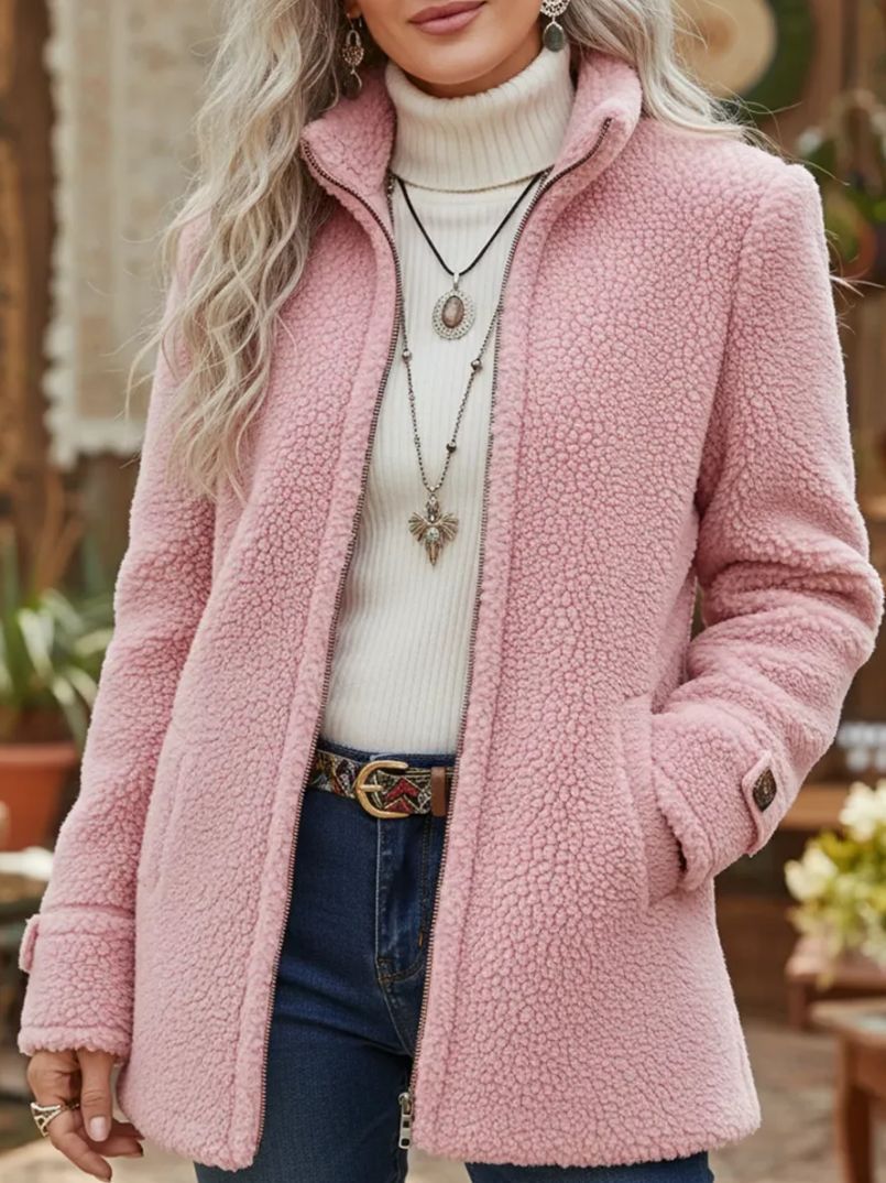 Fleece Zip-Up Jacket Women's Stand Collar Solid Color Loose Fit Casual Long Sleeve Outerwear Clothing by DERILUJA LLC