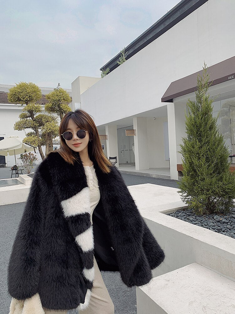 Women Fur Coat Irregular Color Matching Long Faux Fur Coat Women Black Khaki Vintage Fashion Women Fur Coat New