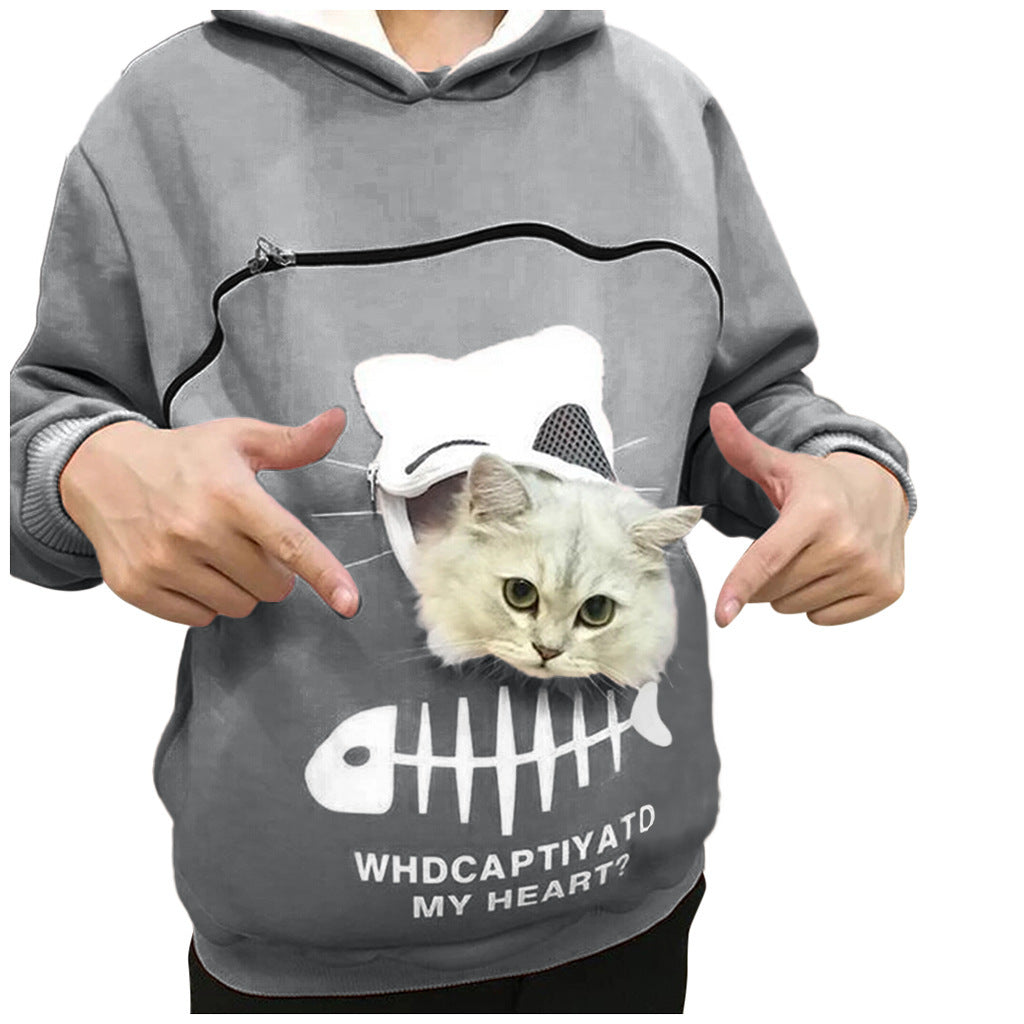 Women Hoodie Sweatshirt With Cat Pet Pocket Design Long Sleeve Sweater Cat Outfit by DERILUJA LLC