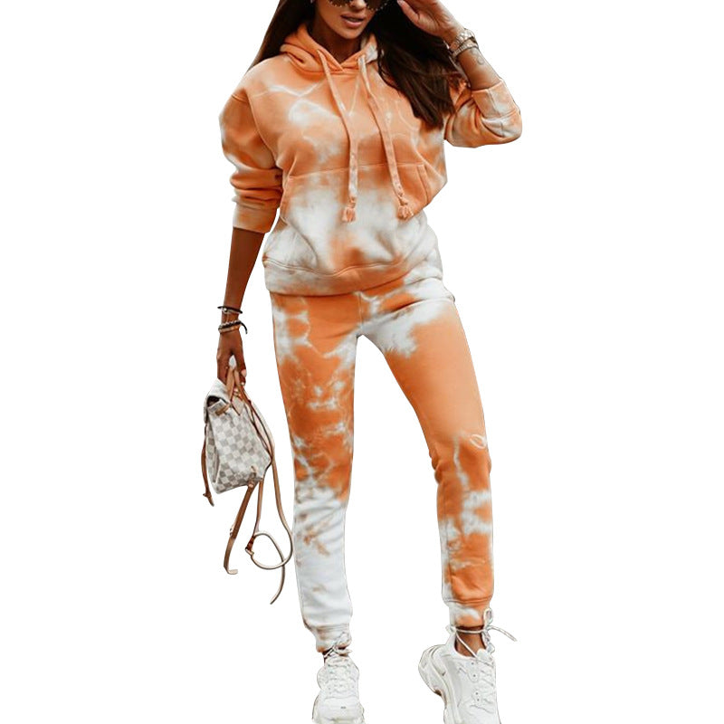 Tie-dyed loose hooded sweater set by DERILUJA LLC