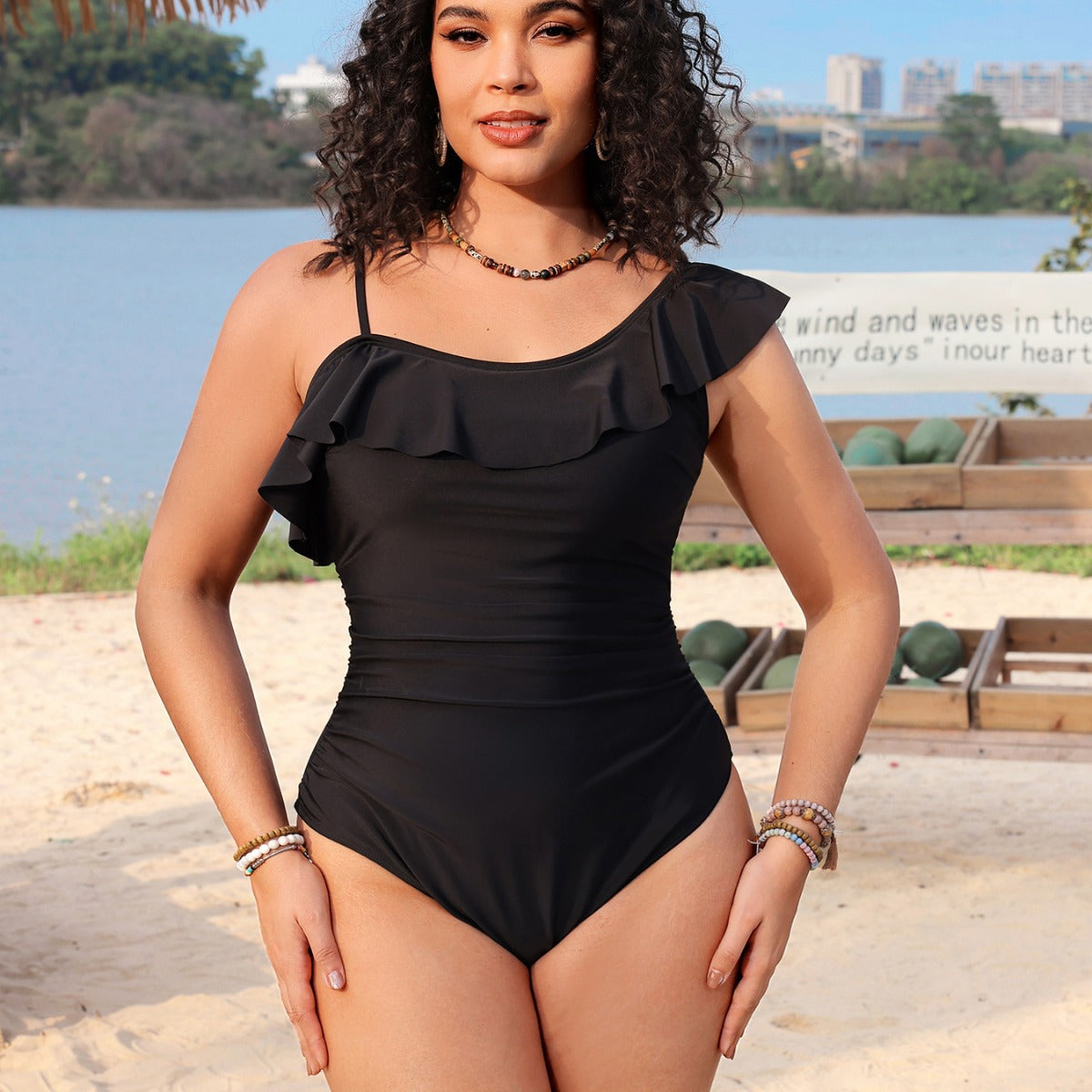 Single shoulder lace pleated one-piece swimsuit by eprolo