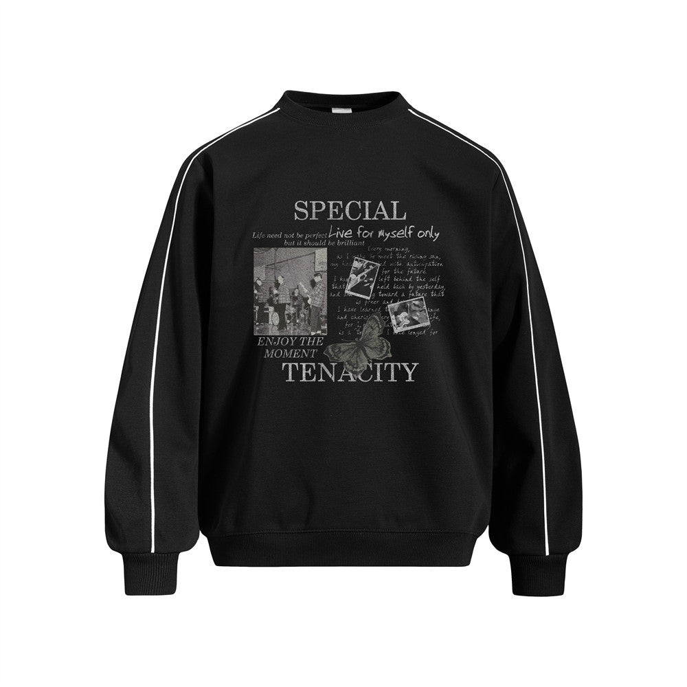 Men's Rap Character Print Contrast Stitch Crewneck Pullover Sweatshirt by eprolo