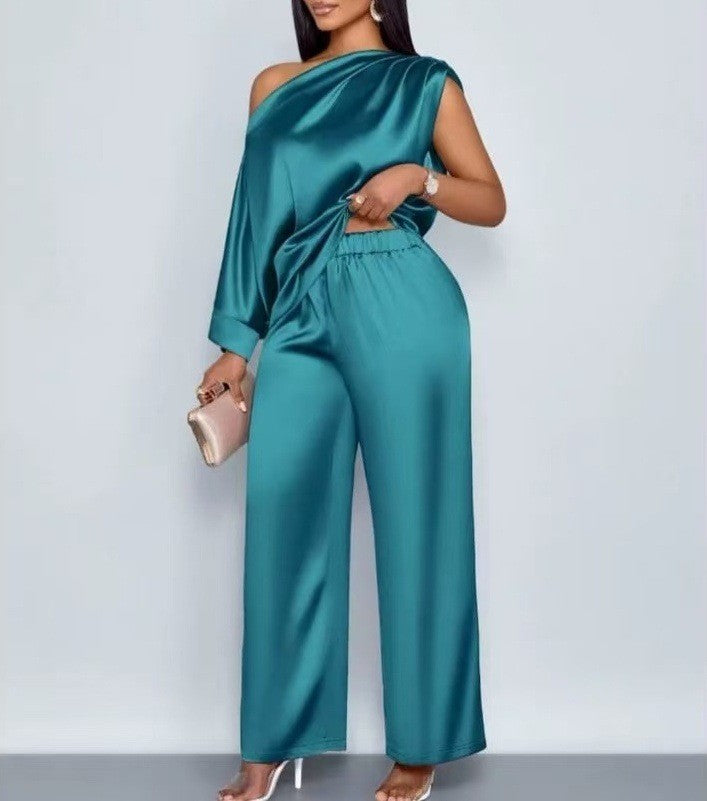 Long-sleeved Suit Off-shoulder Pullover Shirt Top And Loose Straight-leg Trousers Women's Clothing by DERILUJA LLC