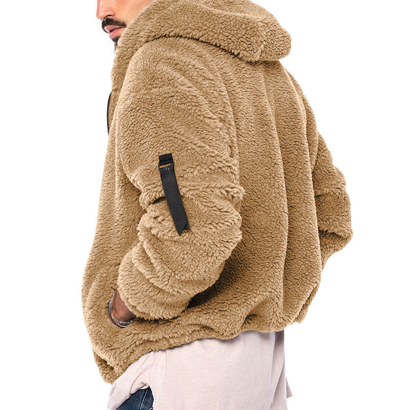 Plush Hooded Jacket Men's Autumn And Winter Fleece Double-sided Wear Warm Coat With Zipper Loose Casual Jacket Outdoor Clothing by DERILUJA LLC