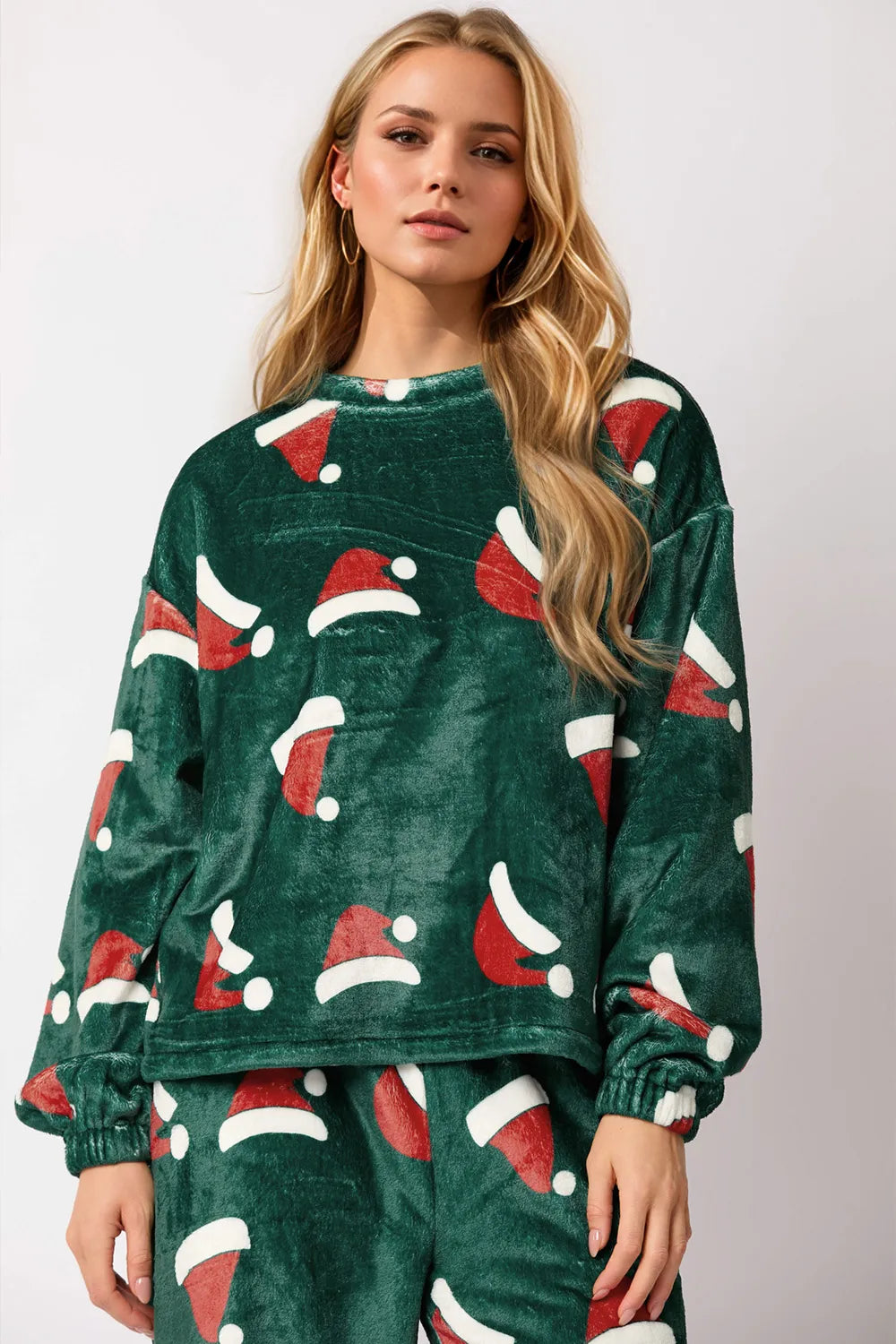 Christmas Hat Pattern Round Neck Long Sleeve Top and Pants Set by eprolo