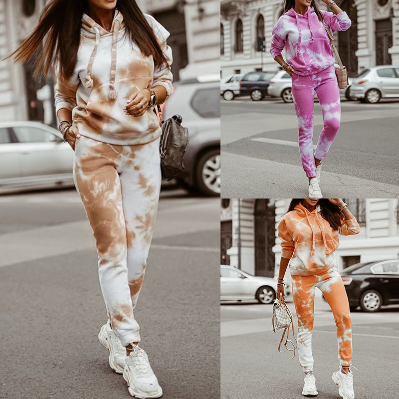 Tie-dyed loose hooded sweater set by DERILUJA LLC