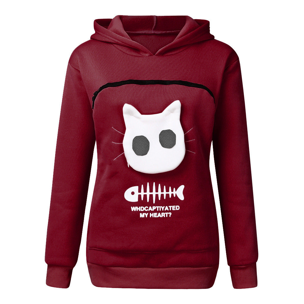 Women Hoodie Sweatshirt With Cat Pet Pocket Design Long Sleeve Sweater Cat Outfit by DERILUJA LLC