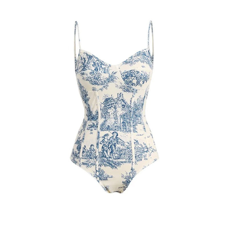 New One Piece Swimsuit Women's Conservative Slim Vintage Print With Steel Support Hard Bag Swimsuit Chiffon Skirt by eprolo