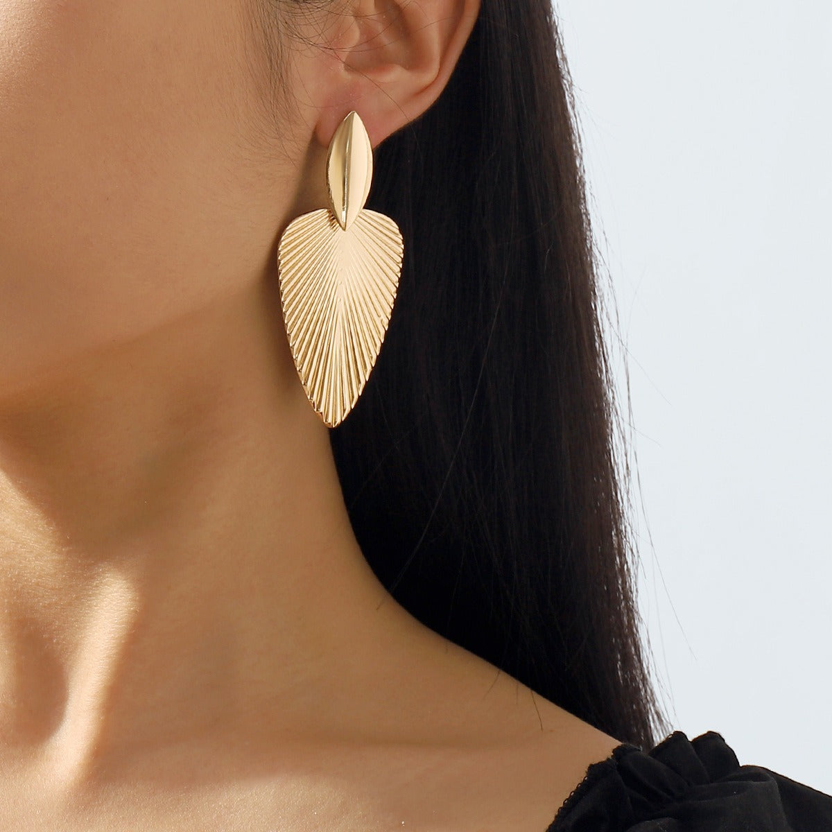European and American fashion metallic cattail fan pendant earrings leaf texture geometric earrings for women by eprolo