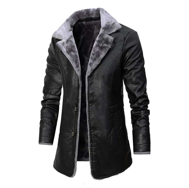 Plush Lapel Leather Jacket Winter Warm Fleece Single-breasted Coat For Men Long Clothing by DERILUJA LLC