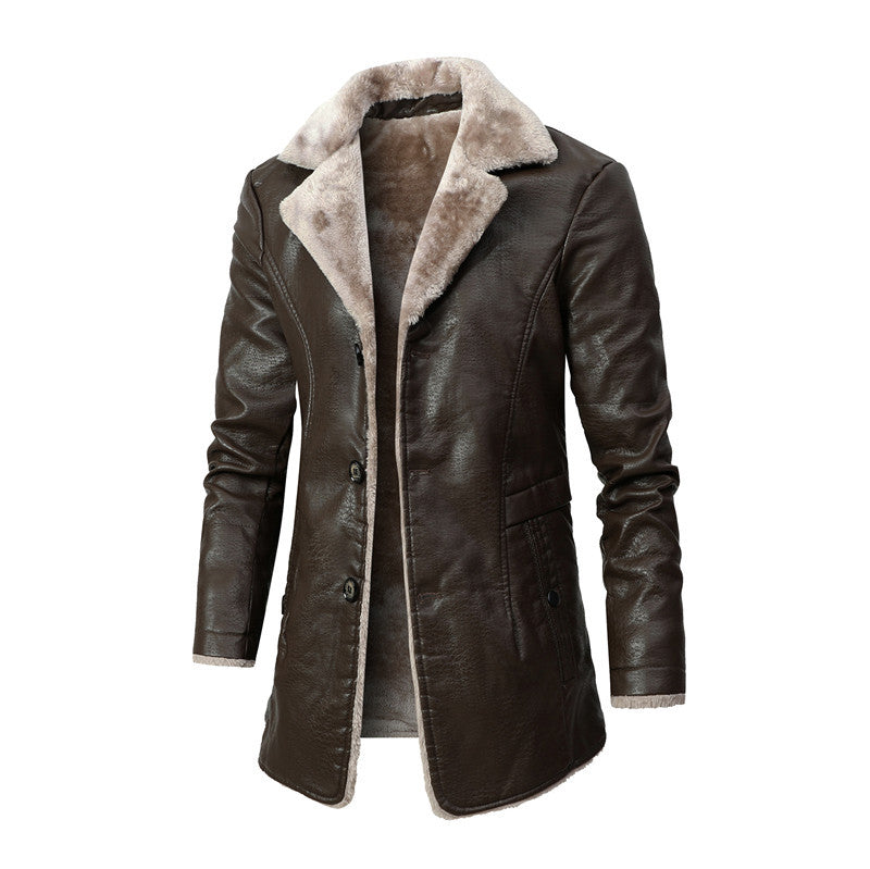 Plush Lapel Leather Jacket Winter Warm Fleece Single-breasted Coat For Men Long Clothing by DERILUJA LLC