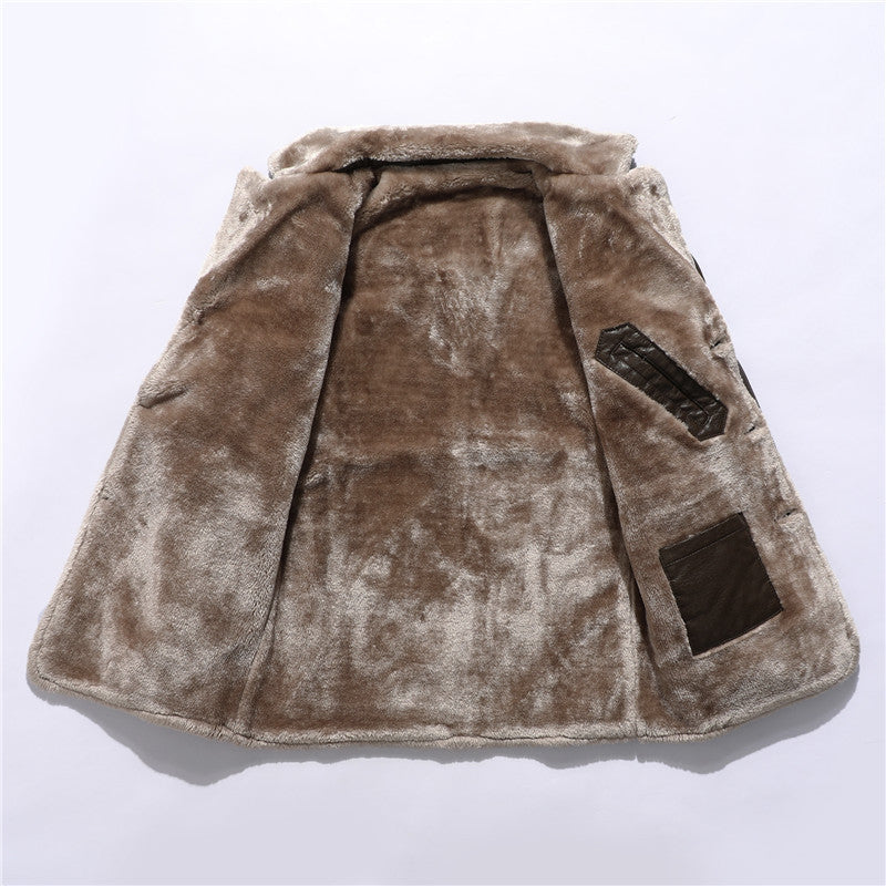 Plush Lapel Leather Jacket Winter Warm Fleece Single-breasted Coat For Men Long Clothing by DERILUJA LLC