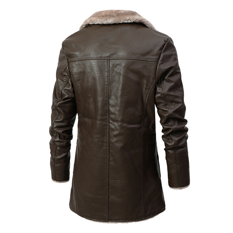 Plush Lapel Leather Jacket Winter Warm Fleece Single-breasted Coat For Men Long Clothing by DERILUJA LLC