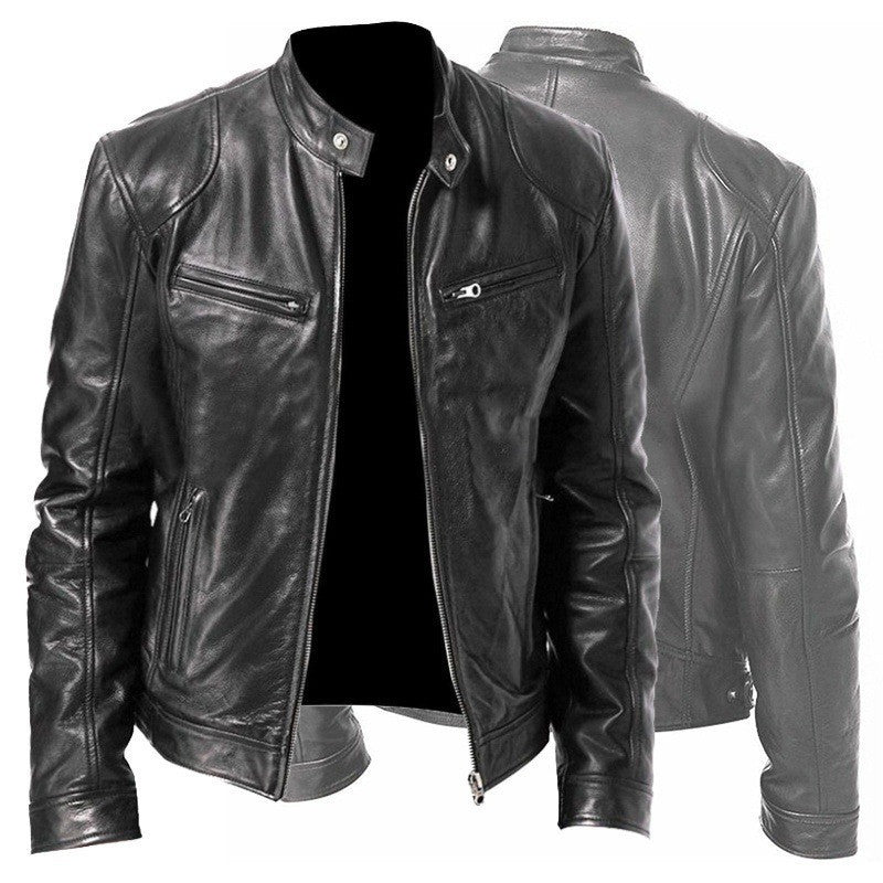 Men's Zip-up Cardigan PU Leather Jacket Fashion Pockets Stand Collar Short Tops Clothing by My Store