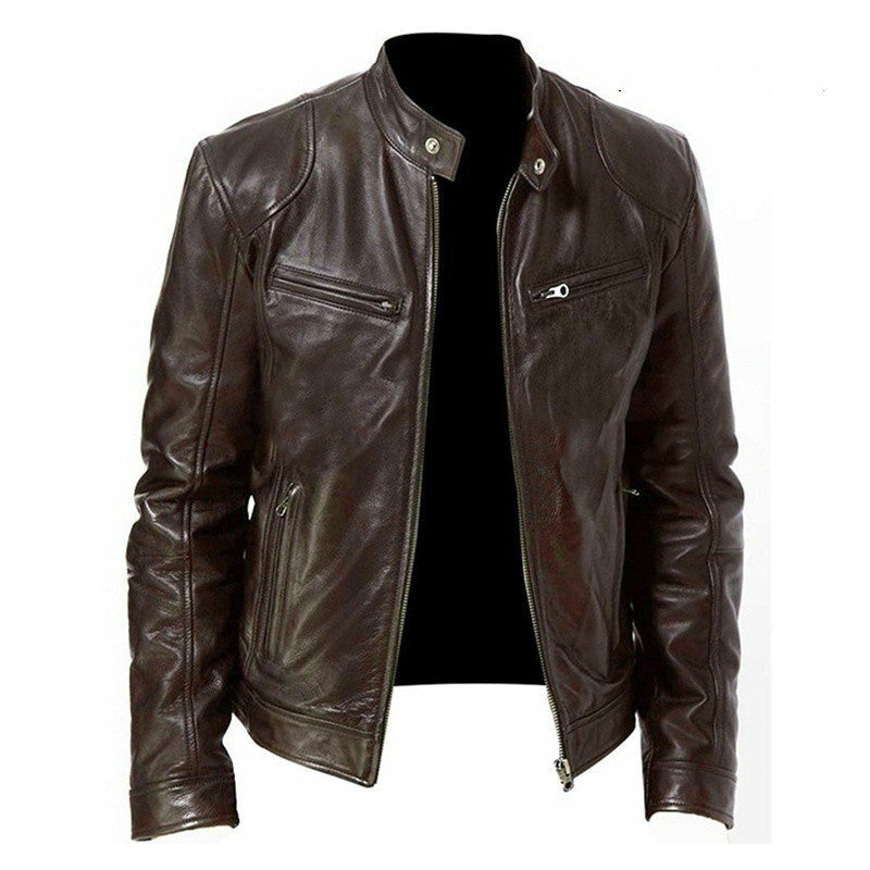 Men's Zip-up Cardigan PU Leather Jacket Fashion Pockets Stand Collar Short Tops Clothing by My Store