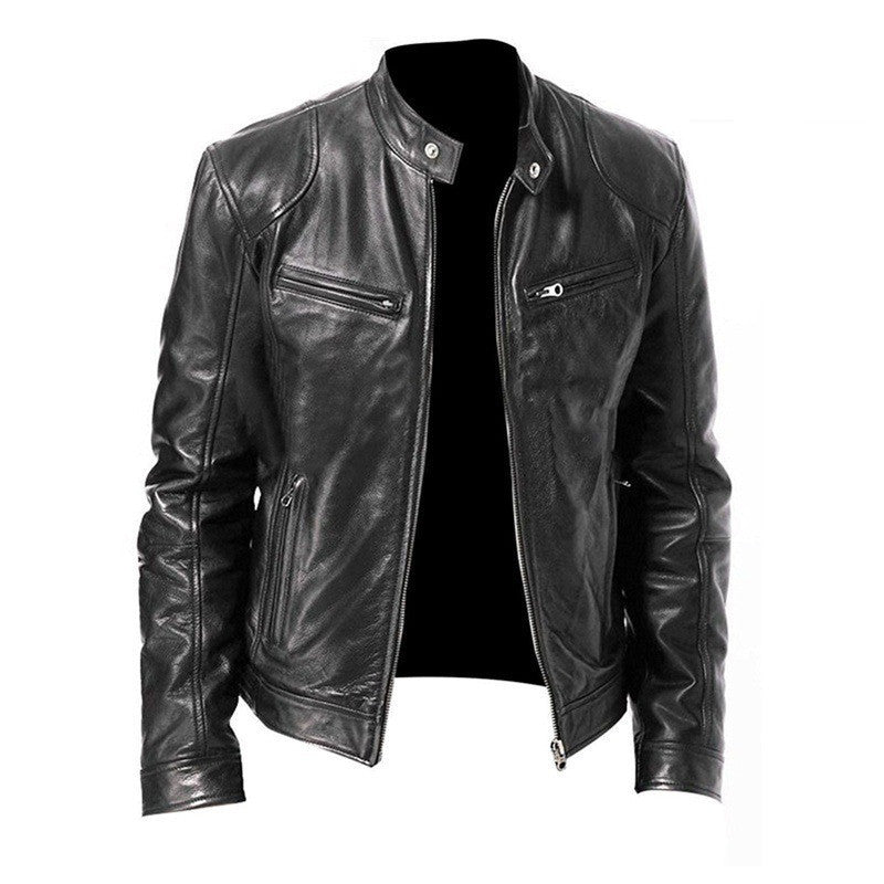 Men's Zip-up Cardigan PU Leather Jacket Fashion Pockets Stand Collar Short Tops Clothing by My Store