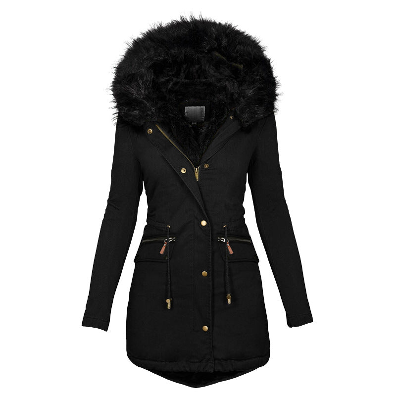 Women's Plush Hooded Parkas Winter Warm Thick Zip-up Jackets Casual Mid-length Solid Buckle Pockets Coat Outerwear Clothing by DERILUJA LLC