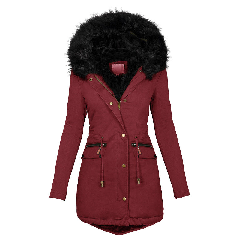 Women's Plush Hooded Parkas Winter Warm Thick Zip-up Jackets Casual Mid-length Solid Buckle Pockets Coat Outerwear Clothing by DERILUJA LLC