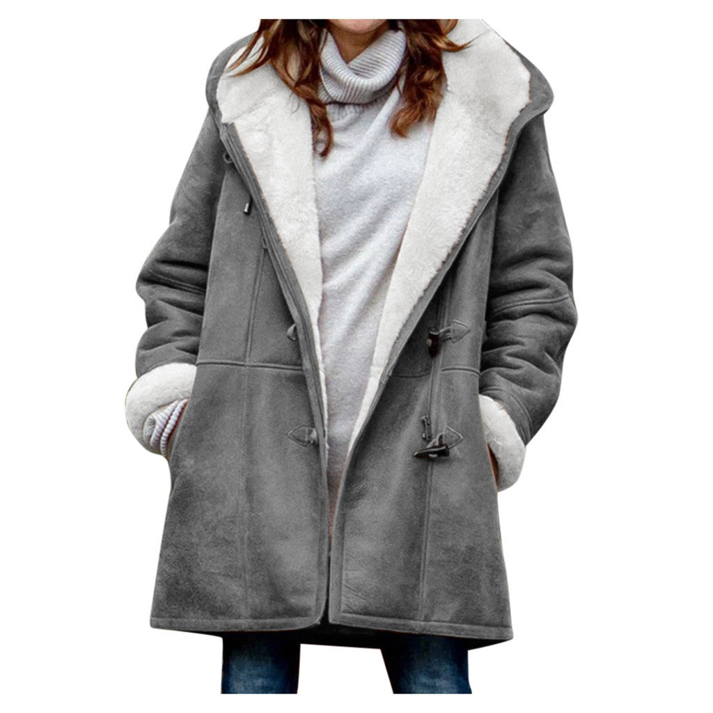 Winter Vintage Button Jackets Women's Warm Fleece Hooded Coat Casual Mid-Length Trench Top Outwear Clothing by DERILUJA LLC