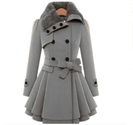 Women's Slim Mid-length Woolen Coat With Belt Thickened Double-breasted Padded Windbreaker Coat by My Store