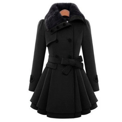 Women's Slim Mid-length Woolen Coat With Belt Thickened Double-breasted Padded Windbreaker Coat by My Store
