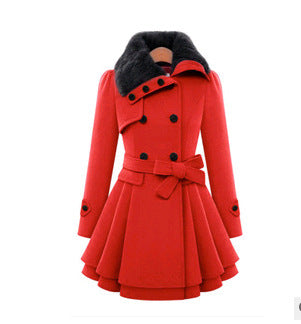 Women's Slim Mid-length Woolen Coat With Belt Thickened Double-breasted Padded Windbreaker Coat by My Store