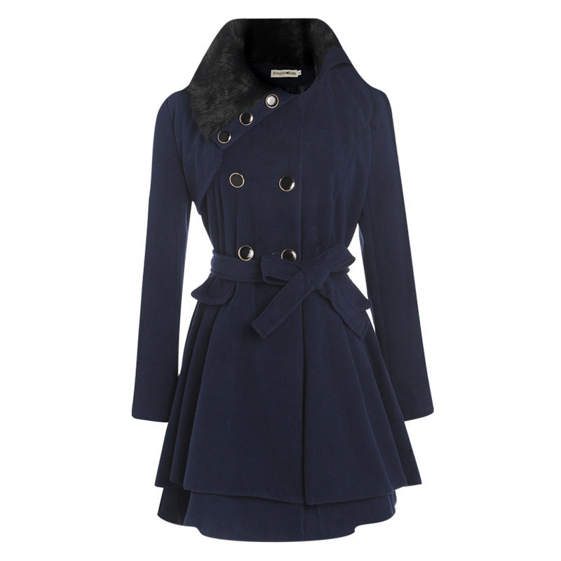 Women's Slim Mid-length Woolen Coat With Belt Thickened Double-breasted Padded Windbreaker Coat by My Store