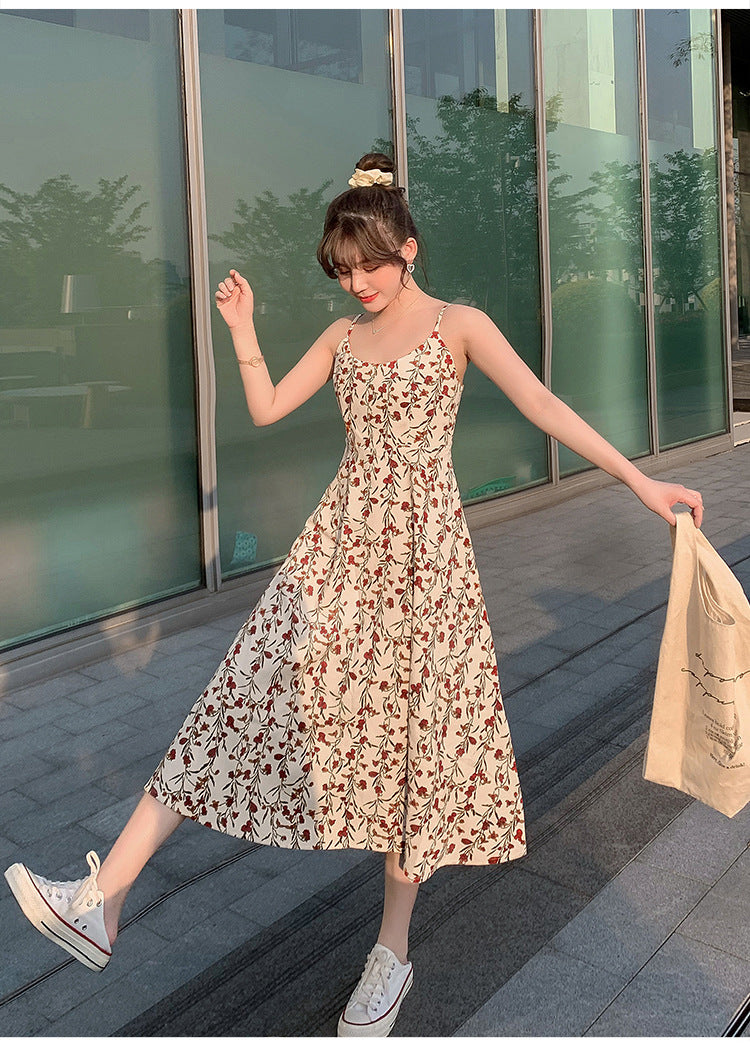 Floral strap dress women's waist slimming summer small fresh 2024 new long skirt foreign trade women's wholesale by DERILUJA LLC