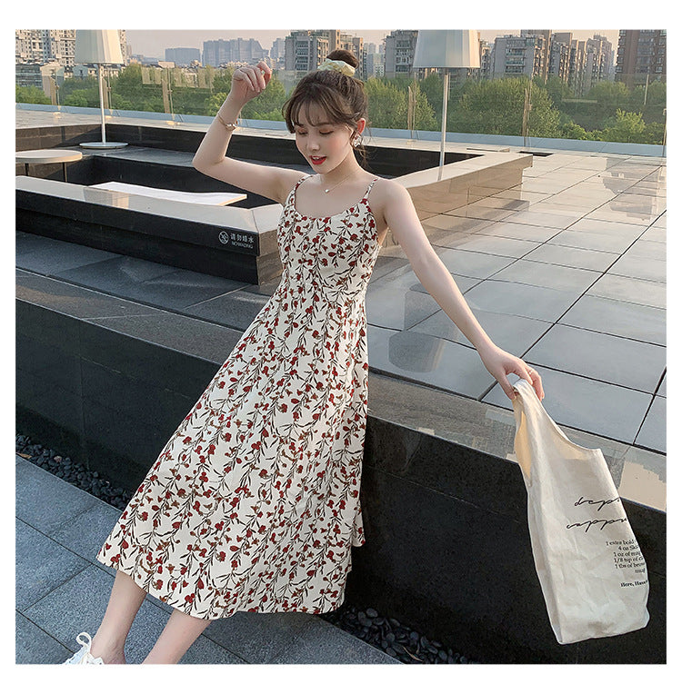 Floral strap dress women's waist slimming summer small fresh 2024 new long skirt foreign trade women's wholesale by DERILUJA LLC